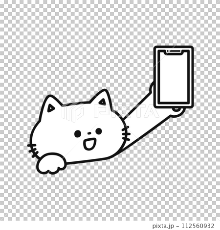 スマートフォンを持ったかわいい猫・線画 スマートフォンを持ったかわいい猫・線画 112560932