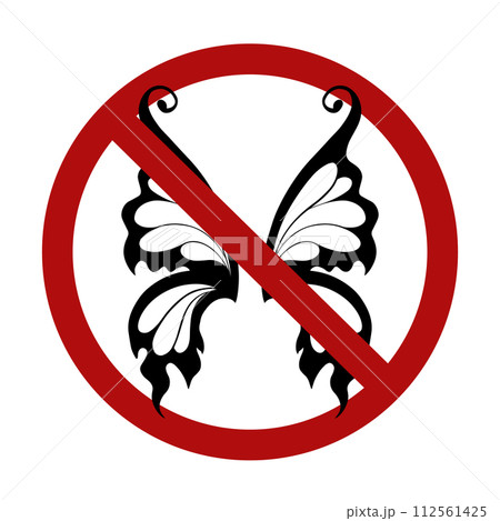 Vector prohibition sign with silhouette of fairy wings. Flying elves are banned. It is forbidden to play pranks. E 112561425
