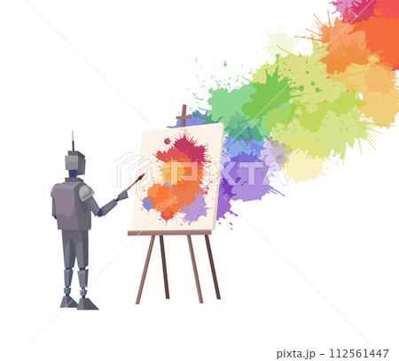 Vector illustration of a robot painting watercolor rainbow splashes on an easel. Techno creativity. Cyborg creator. Innovative contemporary art. 112561447