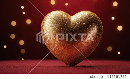 AI-generated content. Love, Heart, Celebration: heart on textured surface beneath, soft focus golden lights create bokeh in background. Celebration card or romantic events invitation. Valentine day 112561755