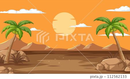 Desert Oasis at Sunset Illustration 112562133