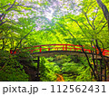 新緑と赤が綺麗な河鹿橋の全景 112562431