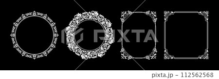 Set of decorative frames Elegant vector element for design in Eastern style, place for text. Floral black and white borders. Lace illustration for invitations and greeting cards. Set of decorative frames Elegant vector element for design in Eastern style, place for text. Floral black and white borders. Lace illustration for invitations and greeting cards. 112562568