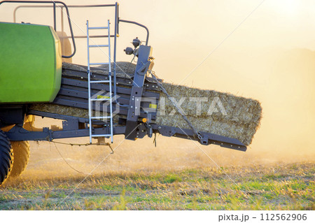 Bale of compressed straw in combine. Combine harvester pressing straw from field. Sunny summer evening. Lots of dust. Agro industrial harvesting works. Agriculture agrarian. Agricultural machines Bale of compressed straw in combine. Combine harvester pressing straw from field. Sunny summer evening. Lots of dust. Agro industrial harvesting works. Agriculture agrarian. Agricultural machines 112562906