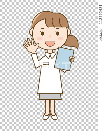 護士拿著病歷打招呼_穿白大褂的女人的全身插圖 護士拿著病歷打招呼_穿白大褂的女人的全身插圖 112563481