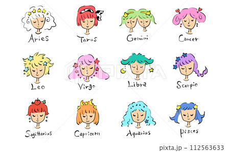 かわいい12星座の女の子の手描きのイラスト かわいい12星座の女の子の手描きのイラスト 112563633