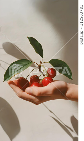Red cherry in the hands of a child on a white background. 112563781