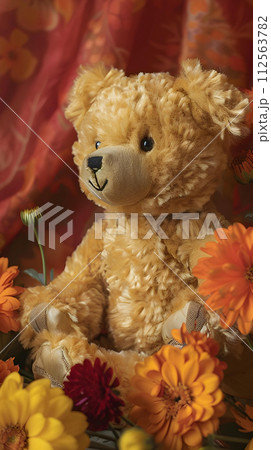 Teddy bear and flowers in autumn season, closeup of photo 112563782