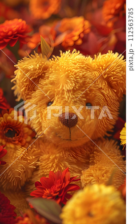 Teddy bear and flowers in autumn season, closeup of photo 112563785