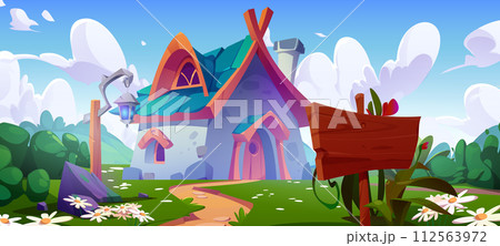 Fantasy house with garden in magic village cartoon 112563972