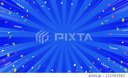 紙吹雪が舞うビビットなブルーの集中線背景イラスト素材 112563983