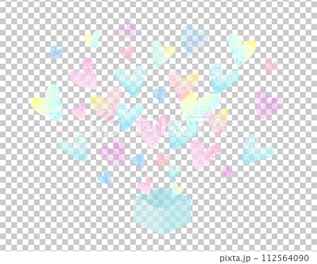 Watercolor illustration of many colorful hearts popping out of a box 112564090