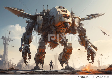 The confrontation of a human against a huge robot. By generative Ai 112564406
