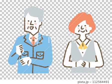 一緒に働いている制服を着た中高年の男女_色 一緒に働いている制服を着た中高年の男女_色 112564491