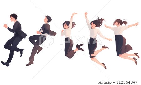 ジャンプする若い男女のイラスト（AI生成画像） 112564847