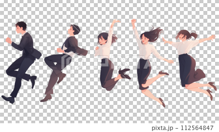 ジャンプする若い男女のイラスト（AI生成画像） 112564847