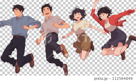 ジャンプする若い男女のイラスト（AI生成画像） 112564849