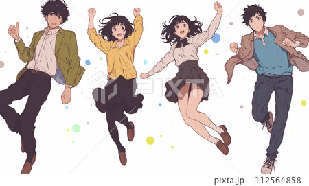 ジャンプする若い男女のイラスト(AI生成画像) ジャンプする若い男女のイラスト(AI生成画像) 112564858