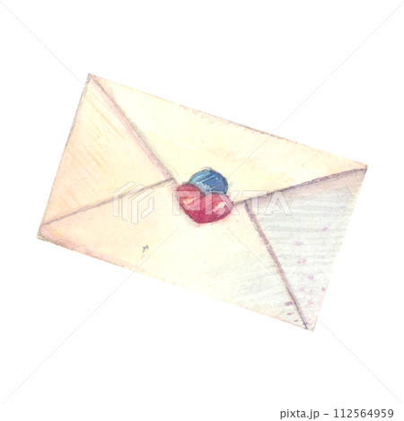 Envelope mail heart watercolor drawing. Greeting card invitation postcard note paper decoration. Festival closed write correspondence. Isolated on white background. Aquarelle New Year Easter Christmas 112564959