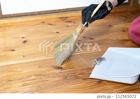 集めたゴミを小さな箒を使って塵取りに乗せているシーン 112565072