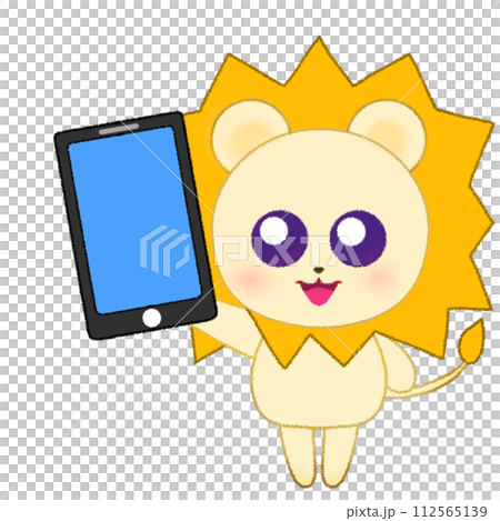 獅子舉起手並拿著智慧型手機的蠟筆插圖 112565139