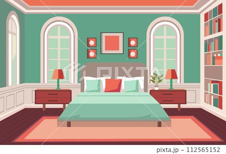 Flat Design of Bedroom with Bed Furniture Window in Fancy House Flat Design of Bedroom with Bed Furniture Window in Fancy House 112565152