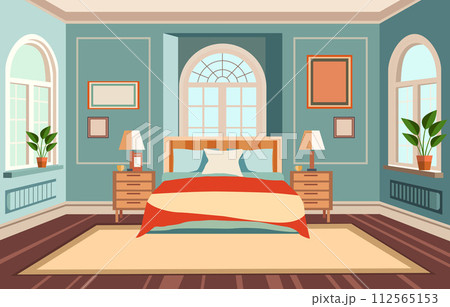 Flat Design of Bedroom with Bed Furniture Window in Fancy House Flat Design of Bedroom with Bed Furniture Window in Fancy House 112565153