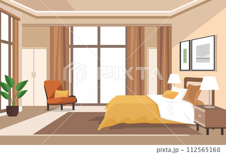 Flat Design of Bedroom with Bed Furniture Window and Plant in Hotel 112565168