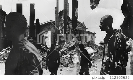 Group of people in front of an abandoned ancient columns. Contemporary art collage Group of people in front of an abandoned ancient columns. Contemporary art collage 112565623
