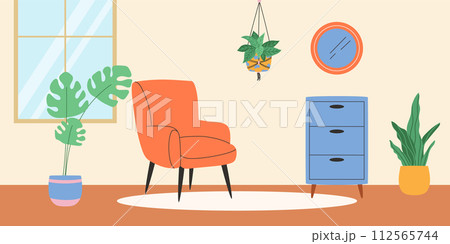 Interior of cozy room with window and plants. Vector illustration. 112565744