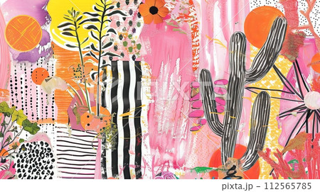 Abstract background with cactuses and flowers. Contemporary art collage 112565785