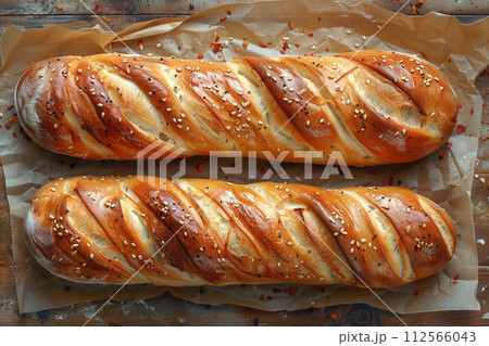 Bagutte on wooden table background ,top view, AI generated 112566043