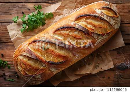 Bagutte on wooden table background ,top view, AI generated 112566046