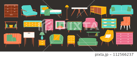 Set of colorful furniture in scandinavian style. Sofa, table, wardrobe, armchair, chest of drawers 112566237