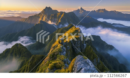 Mountain landscape with mist and sunrise in the morning 112566267