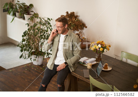 Portrait of handsome man in office, manager working in office, answering a phone call, talking to client over the telephone, sitting on table with laptop 112566582