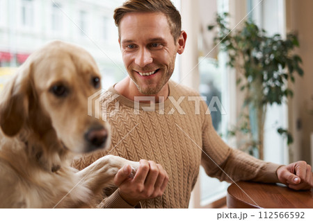 Close up portrait of beautiful golden retriever dog gives paw to a man. Smiling guy holds his pet while sits in a cafe 112566592