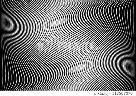 Abstract Halftone Black and White Wavy Lines Textured Background with 3D Illusion and Twisting Movement Effect. Vector Op Art Illustration. 112567070