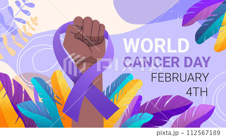human hand holding purple ribbons world cancer day breast disease awareness prevention poster 4 february horizontal 112567189