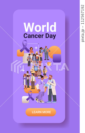 doctors and people standing together with purple ribbons world cancer day breast disease awareness prevention poster 4 february doctors and people standing together with purple ribbons world cancer day breast disease awareness prevention poster 4 february 112567192