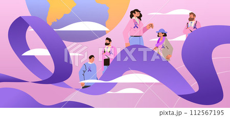 people standing together on purple ribbons world cancer day breast disease awareness prevention poster 4 february horizontal 112567195