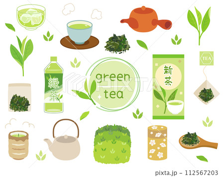 新茶・緑茶・煎茶などのお茶をイメージしたイラストのセット 112567203