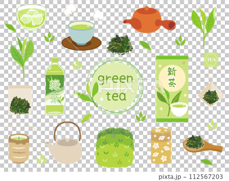 新茶・緑茶・煎茶などのお茶をイメージしたイラストのセット 112567203