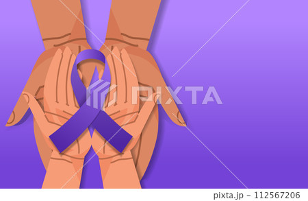 human hands holding purple ribbon world cancer day breast disease awareness prevention poster 4 february horizontal 112567206