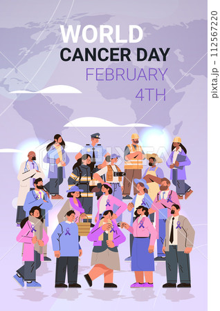 people of different occupations standing together with purple ribbons world cancer day breast disease awareness prevention poster 4 february people of different occupations standing together with purple ribbons world cancer day breast disease awareness prevention poster 4 february 112567220