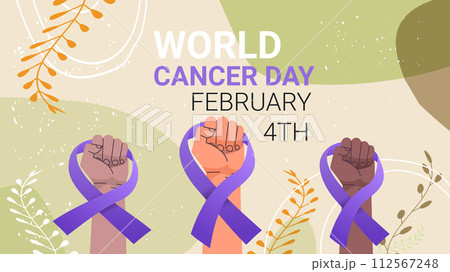 mix race human hands holding purple ribbons world cancer day breast disease awareness prevention poster 4 february 112567248