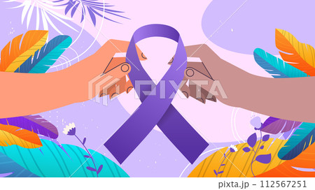 mix race human hands holding purple ribbons world cancer day breast disease awareness prevention poster 4 february 112567251