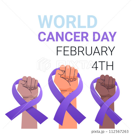 mix race human hands holding purple ribbons world cancer day breast disease awareness prevention poster 4 february 112567263