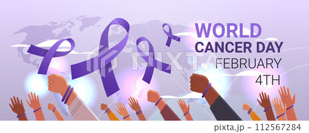 raised human hands with purple ribbon world cancer day breast disease awareness prevention poster 4 february horizontal 112567284