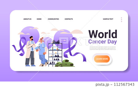 doctors or researchers in uniform working in lab with purple ribbon world cancer day breast disease awareness prevention poster 112567343